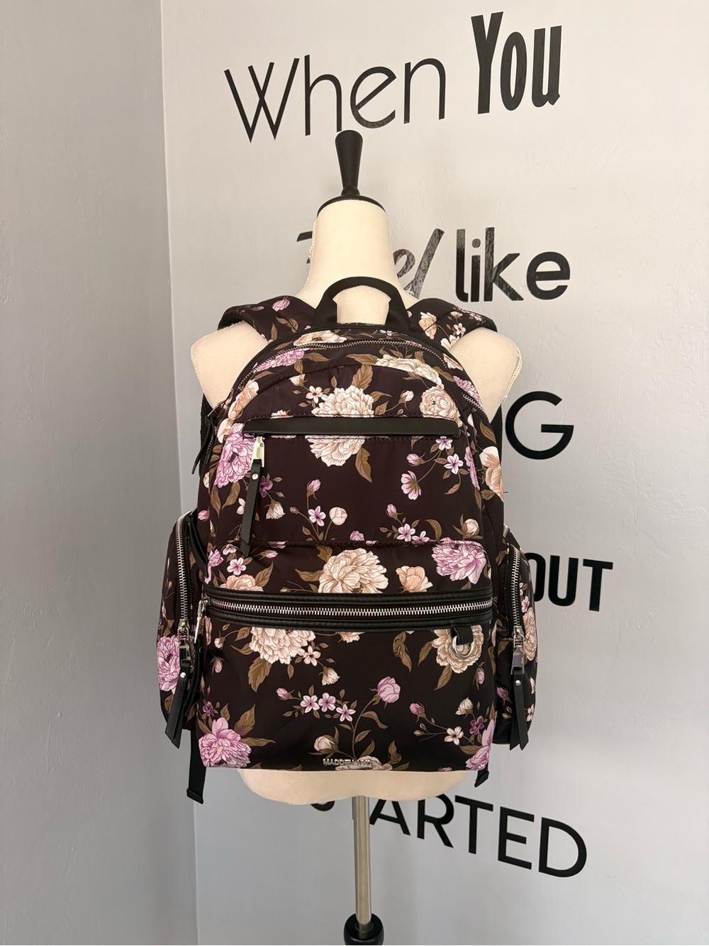 NWOT Madden NYC Black Floral Backpack with Pink & Cream Flowers